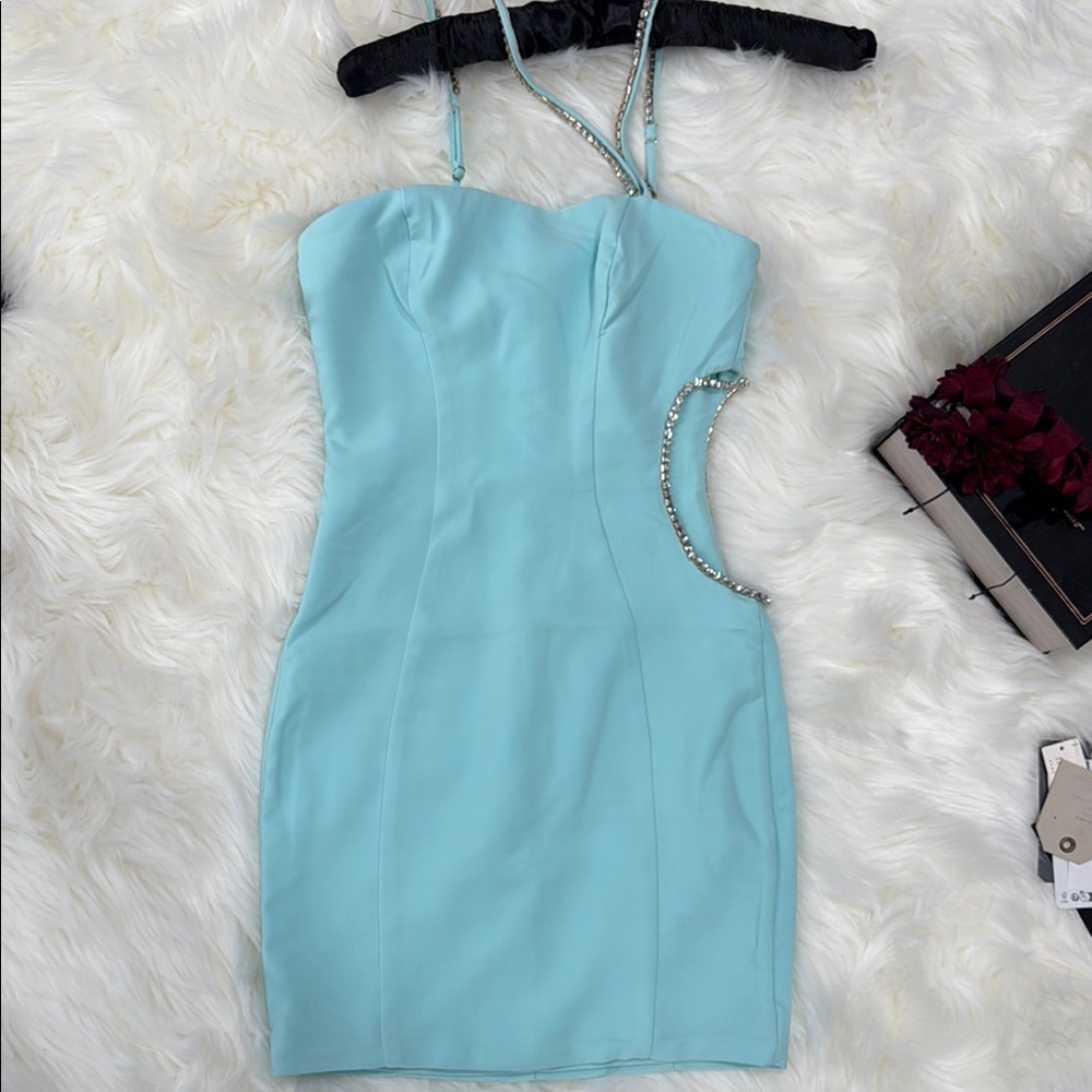 Elegant Aqua Dress with Pearl Detailing